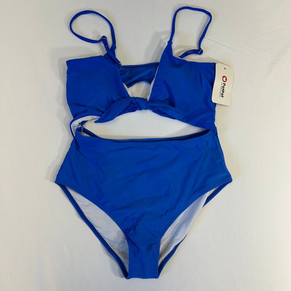 NEW PatPat Women's Blue High Waisted Bikini Set Tie Front Cutout Swimsuit Size M